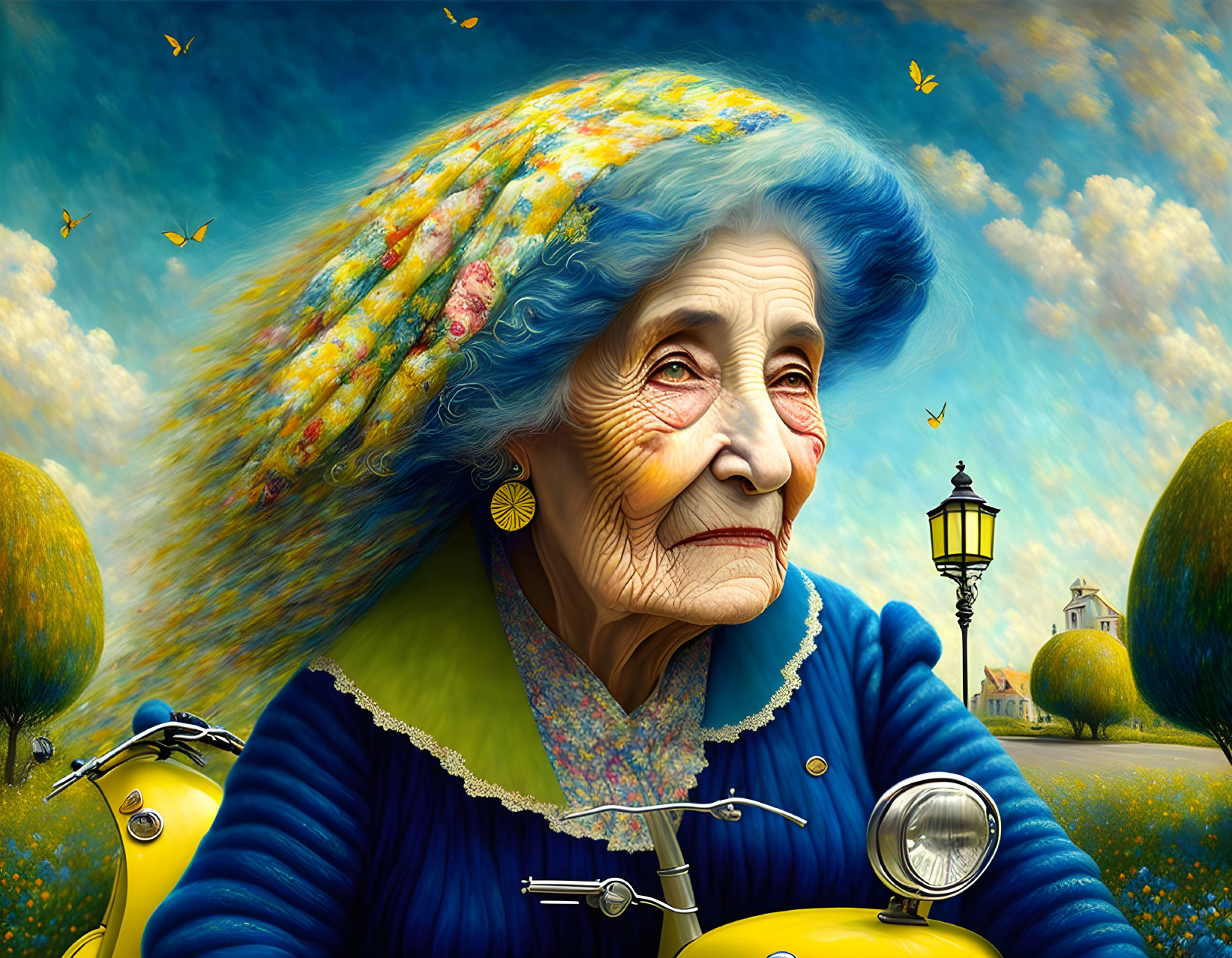 Elderly woman on yellow scooter in whimsical landscape