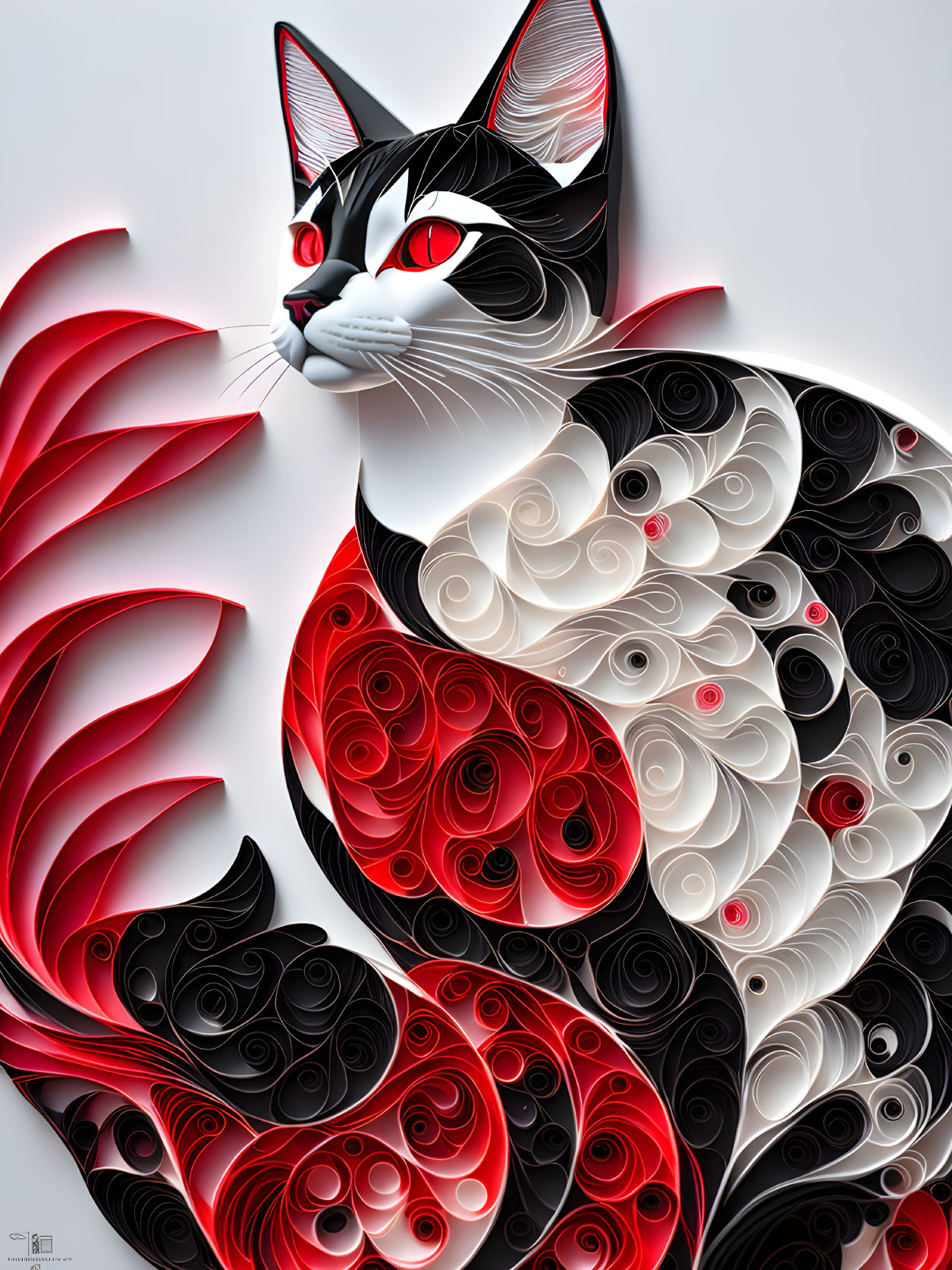 Intricate Quilled Paper Art of Black, White, and Red Cat