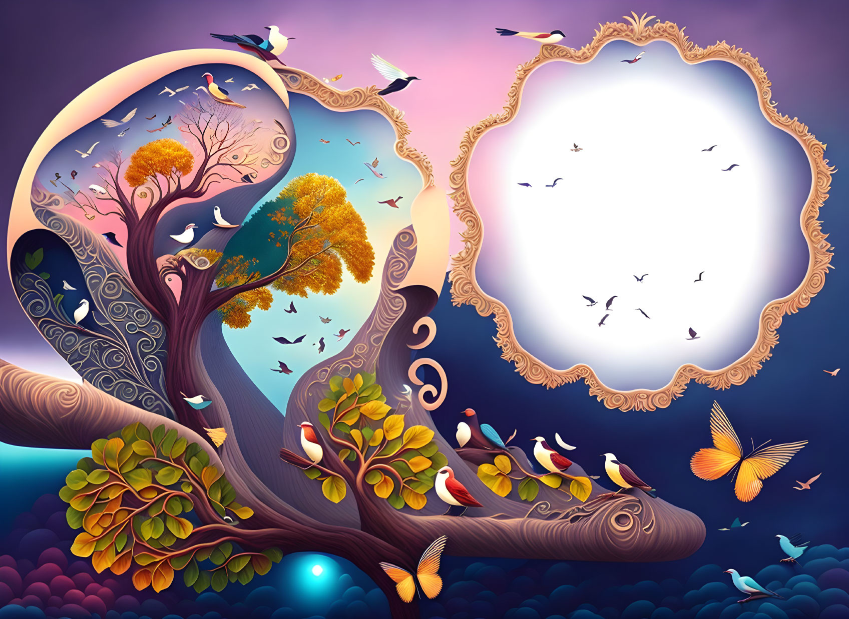 Colorful whimsical tree illustration with birds and butterflies in autumn to spring transition against twilight sky.