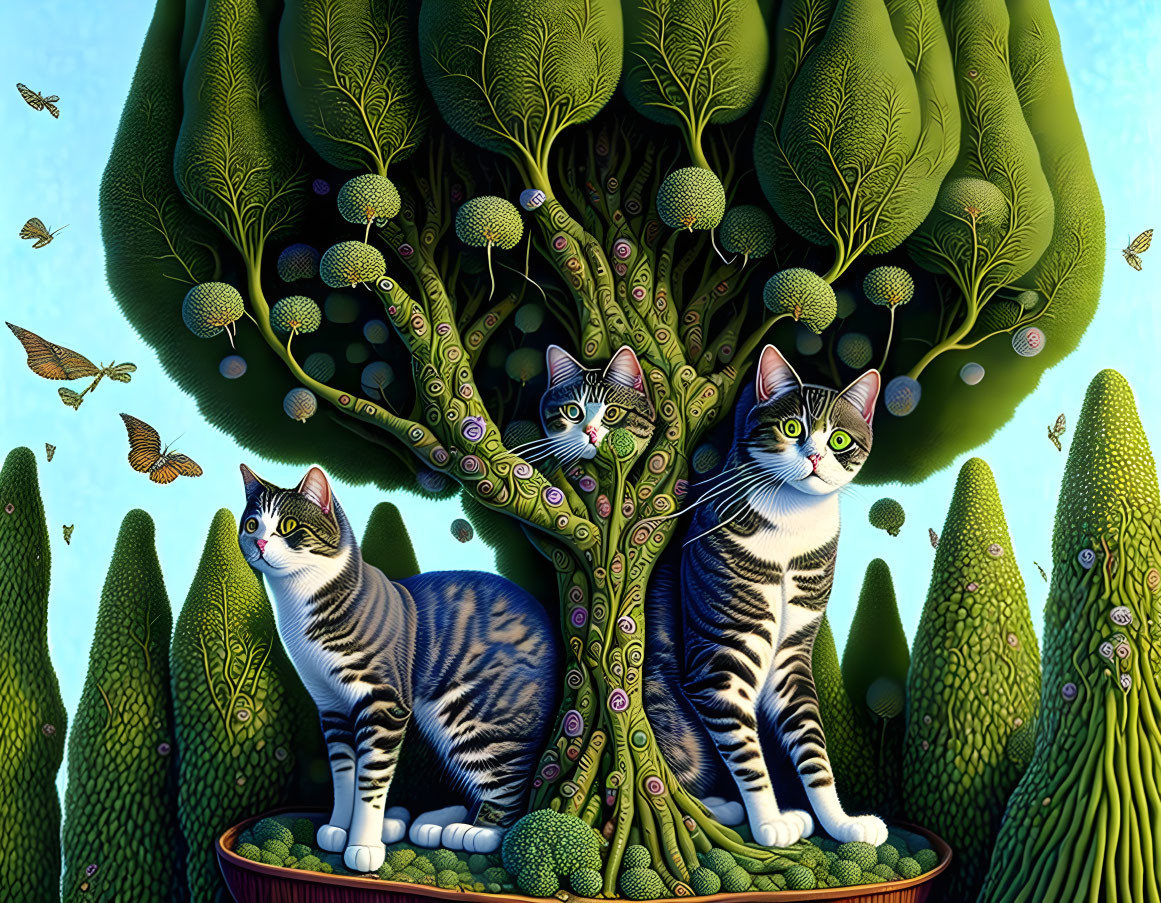 Two Cats with Camouflage Fur Patterns Next to Tree in Whimsical Green Scene