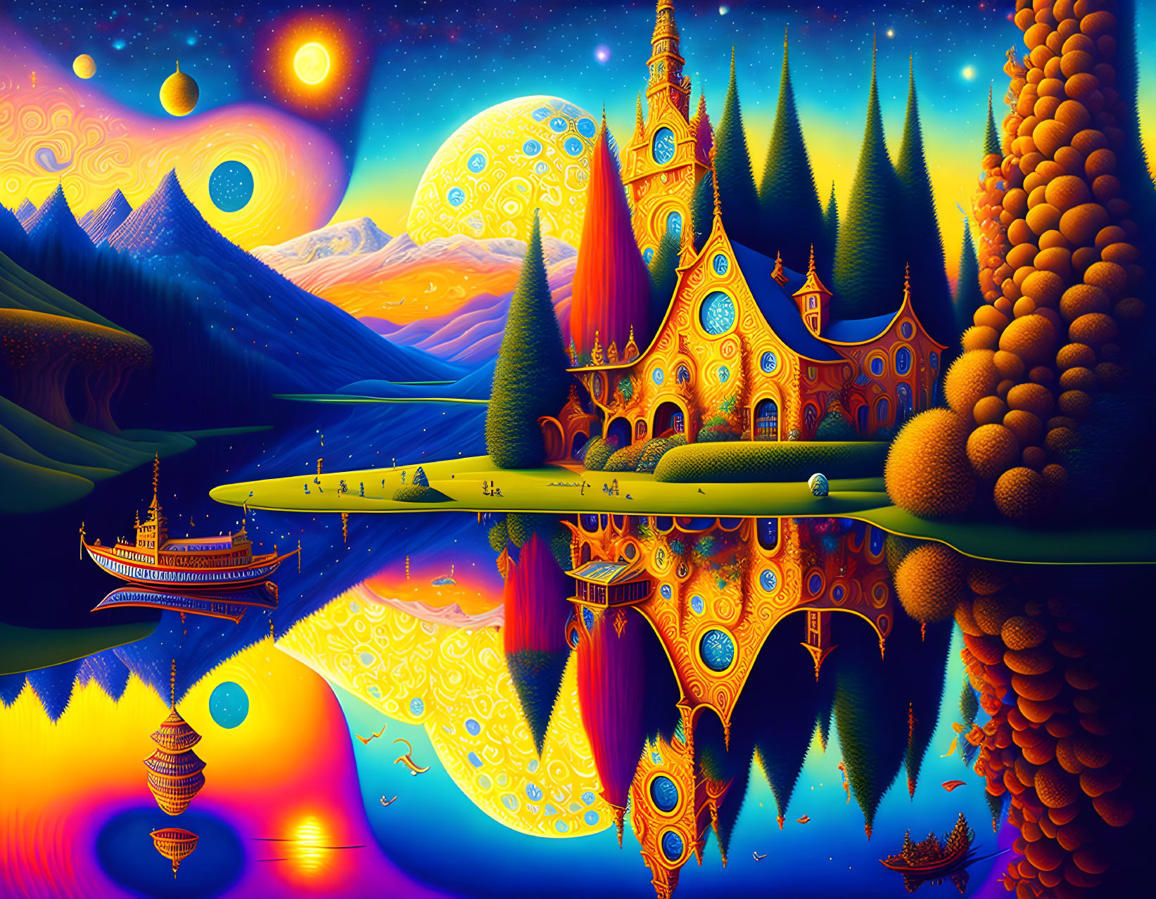 Fantastical landscape with whimsical castle, colorful trees, and multiple moons under starry sky