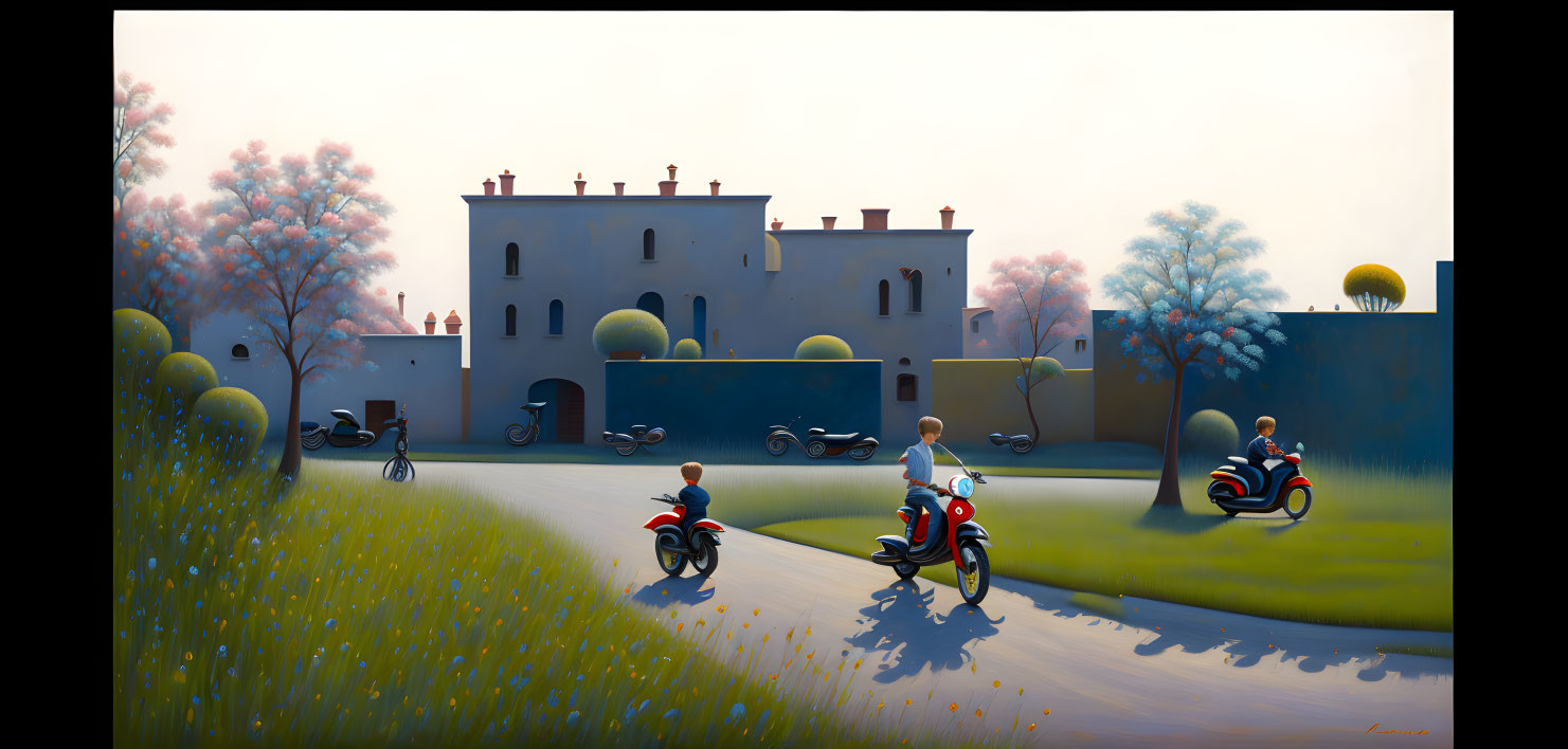 Stylized painting of people on vintage scooters near Mediterranean villa and lush flora