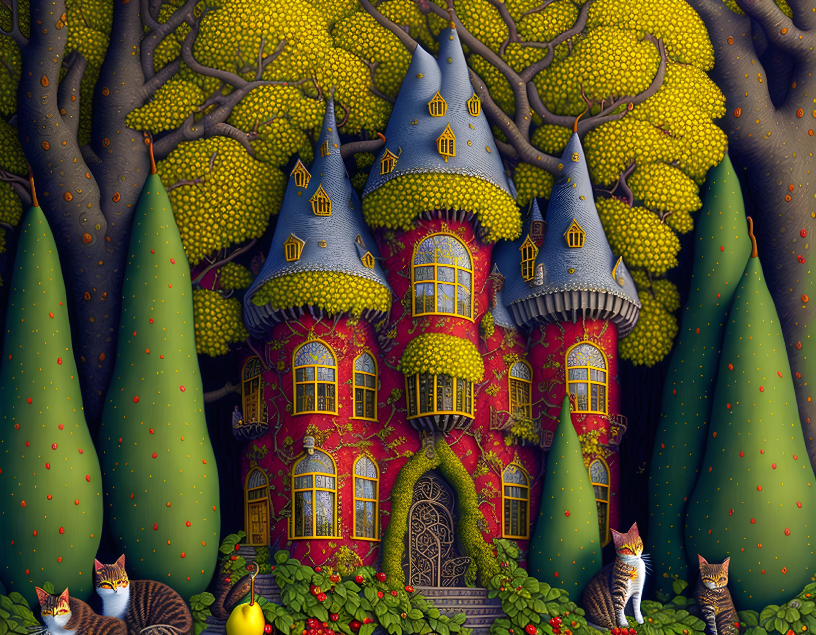 Illustration of fairy tale castle with greenery, trees, and cats.