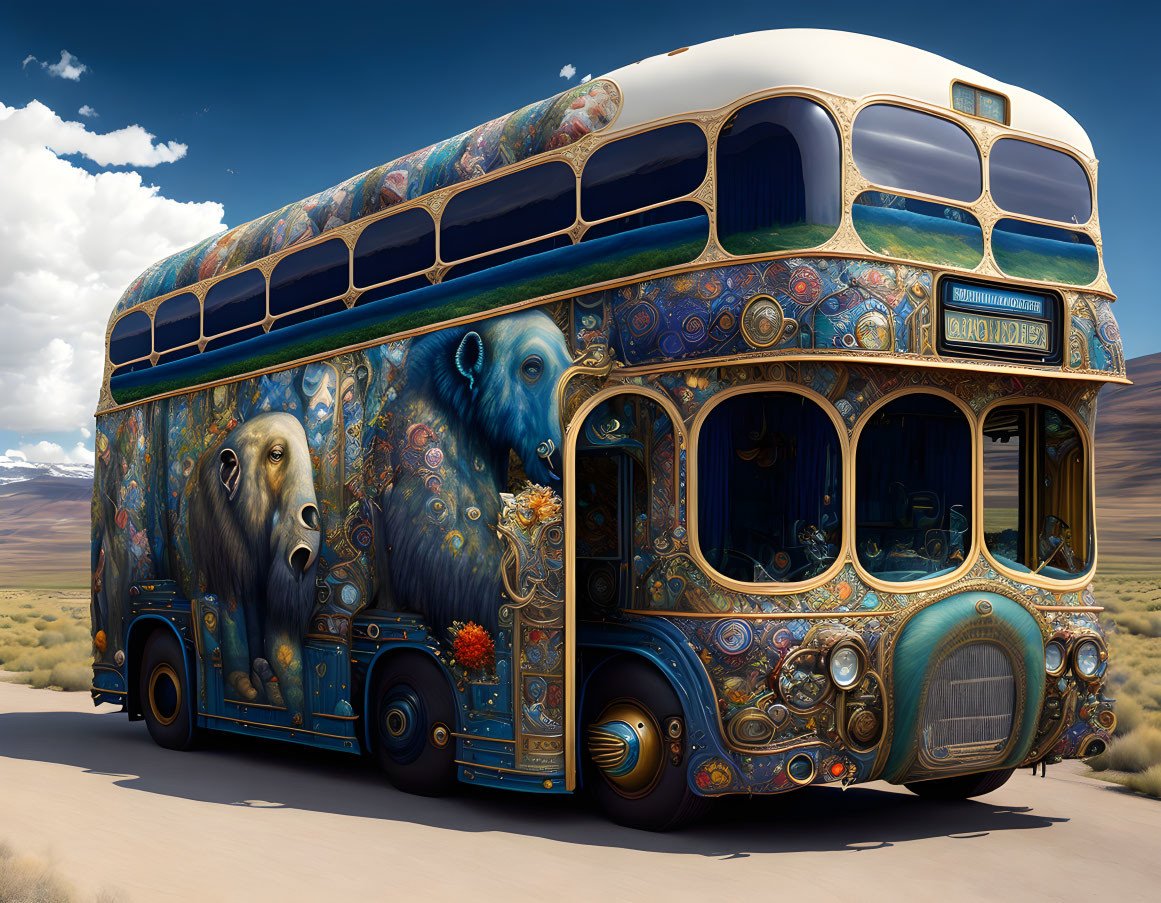 Colorful Double-Decker Bus with Bear Motifs in Desert Landscape