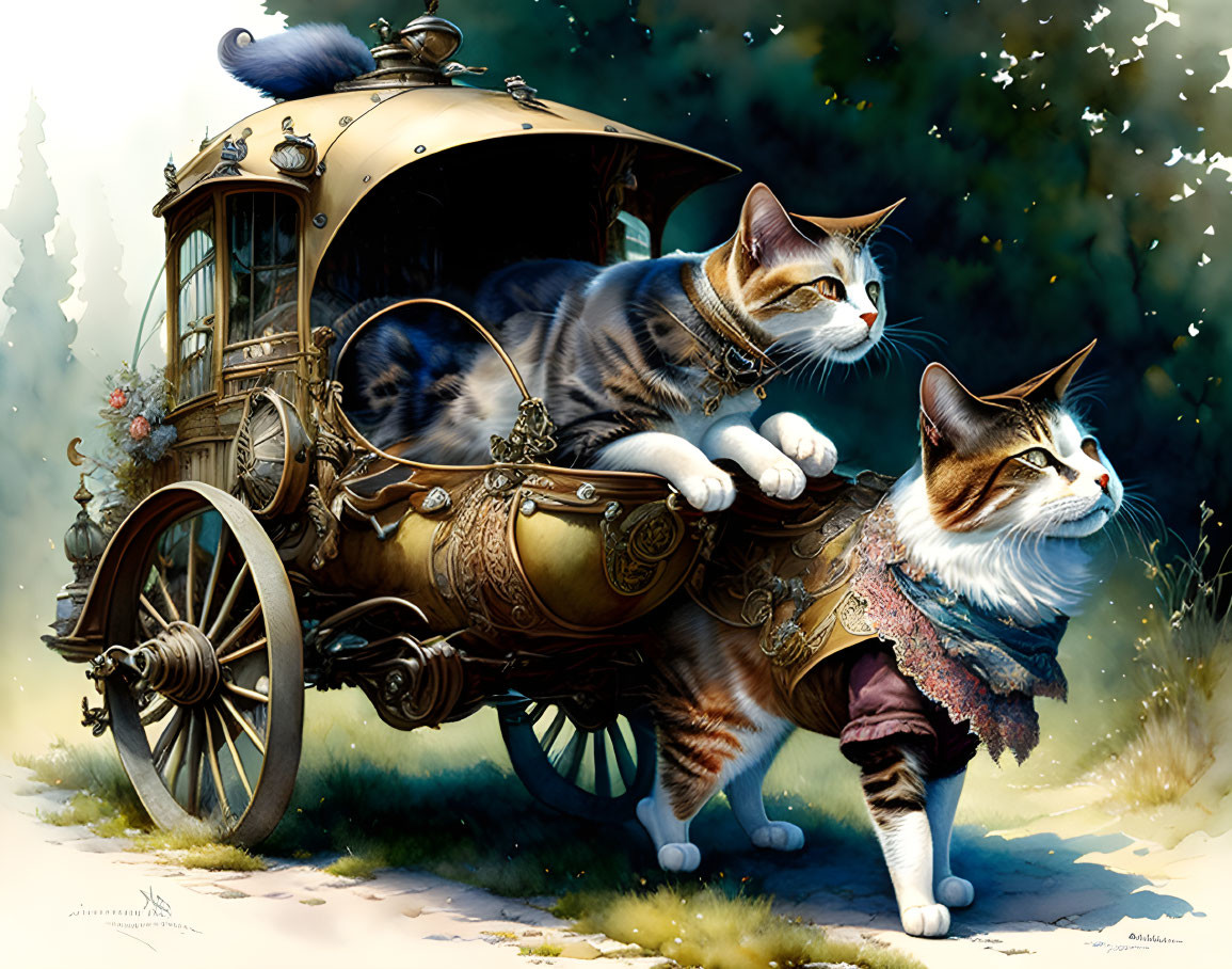 Detailed Cats Resting on Ornate Carriage in Natural Landscape