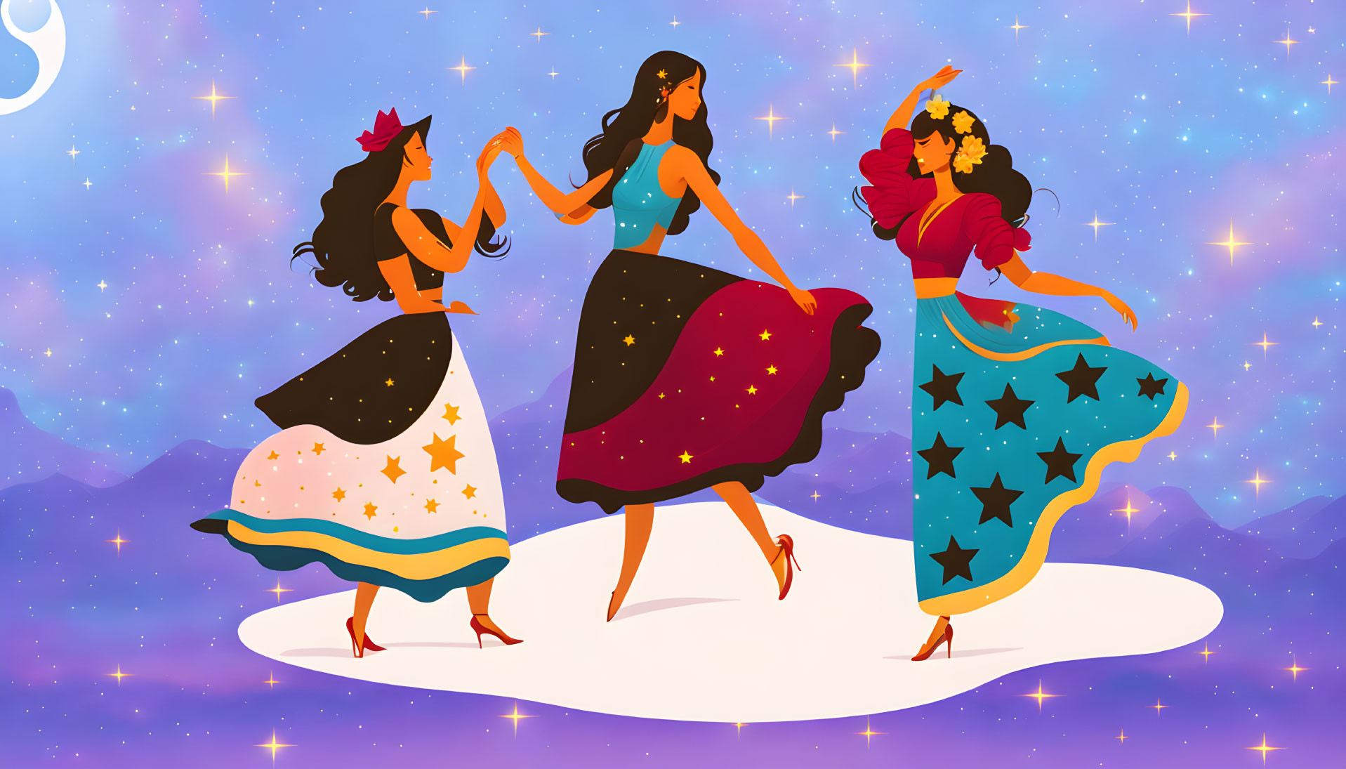 Three women in vibrant starry dresses dancing on a cloud under a cosmic sky