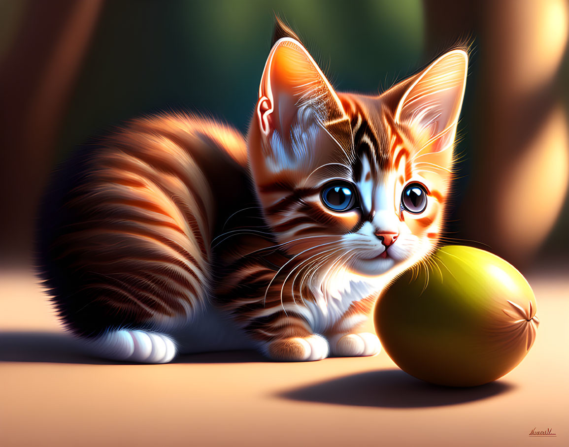 Illustration of orange tabby kitten with blue eyes next to green ball in dappled sunlight