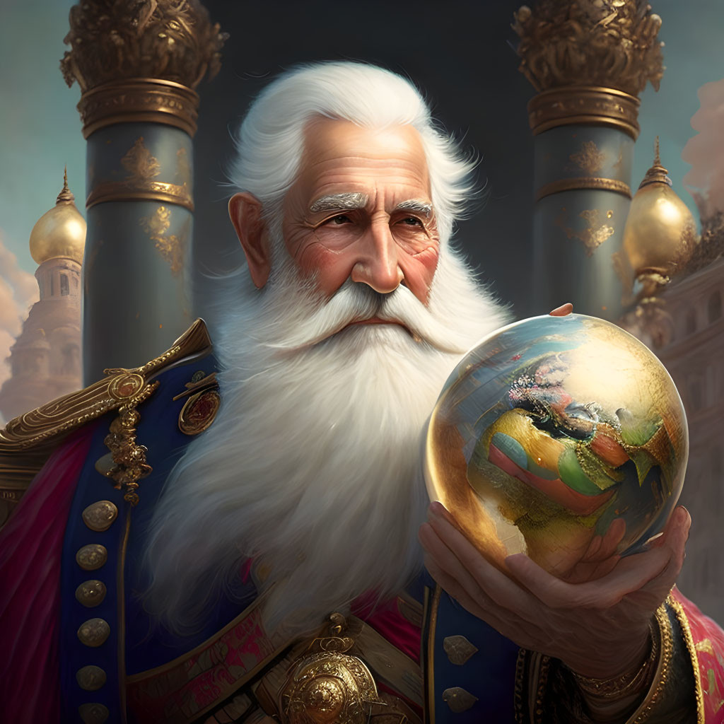 Elderly man in military uniform holding globe in grand architectural setting