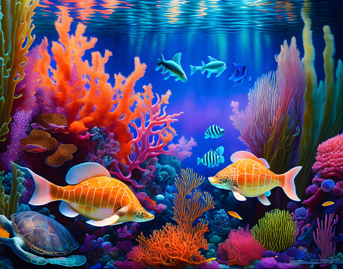 Colorful Coral and Fish in Sunlit Underwater Scene