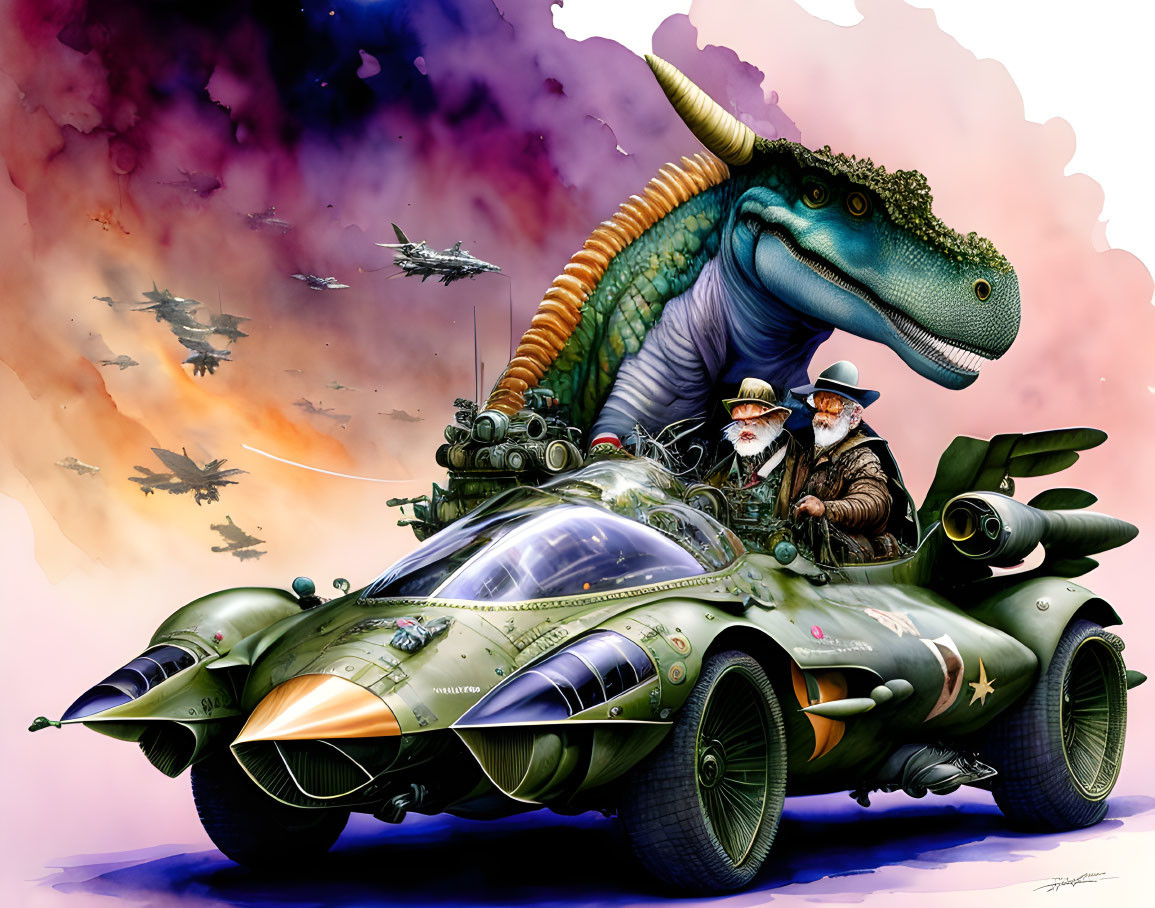 Man and dinosaur in military attire on futuristic car with aircraft in background