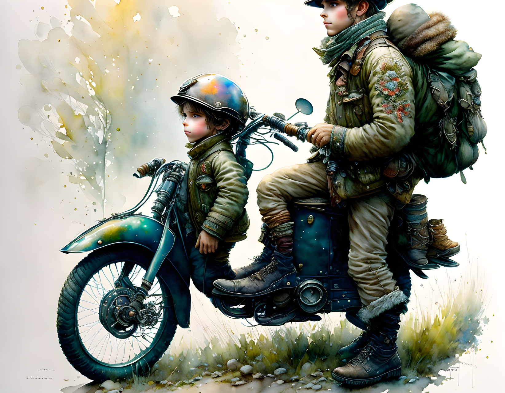 Vintage Pilot Gear: Stylized Illustration of Children on Motorcycle