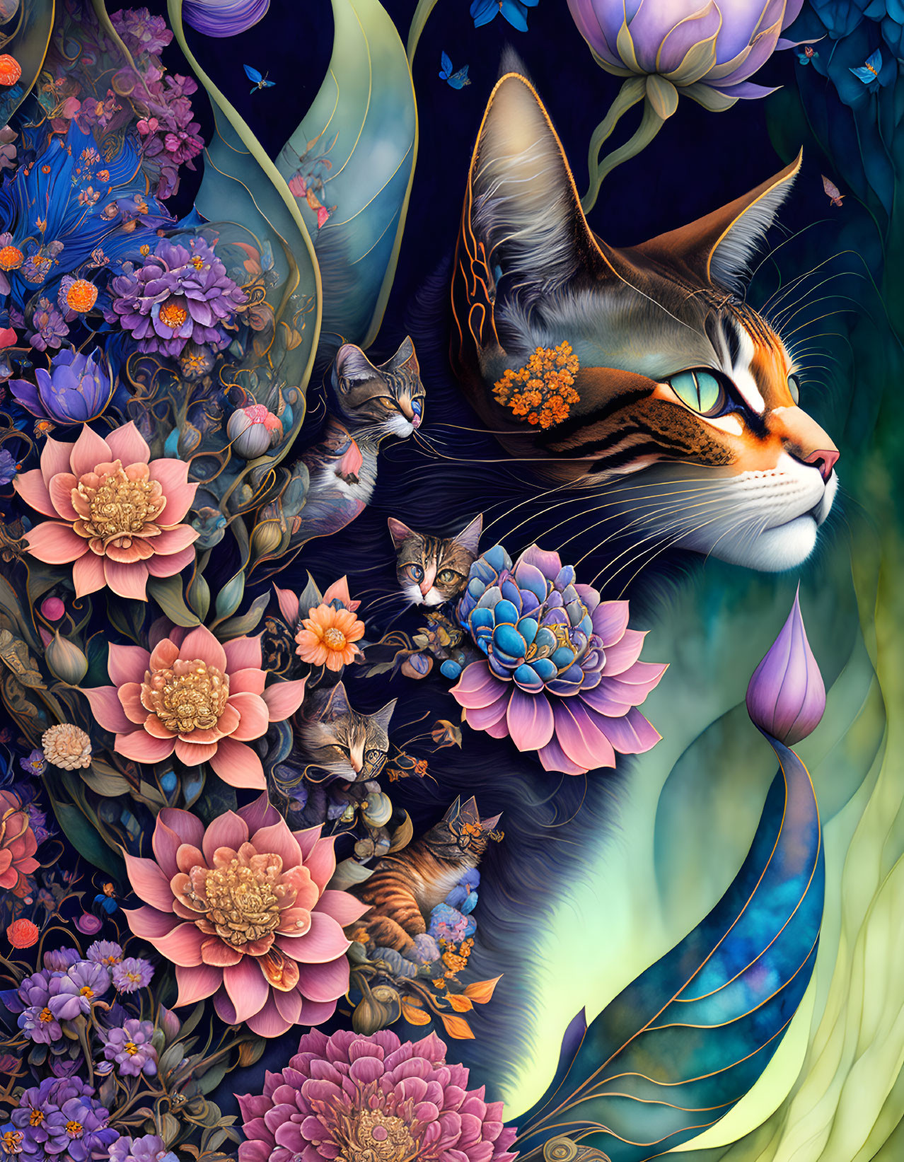 Colorful Cat and Flowers Illustration on Dark Blue Background