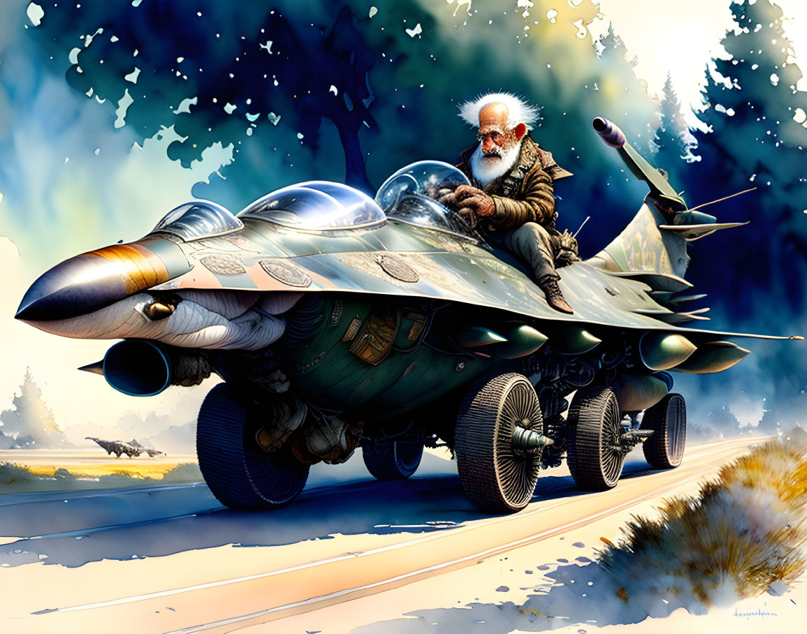 Elderly Man with White Beard on Fantastical Aircraft in Deserted Landscape