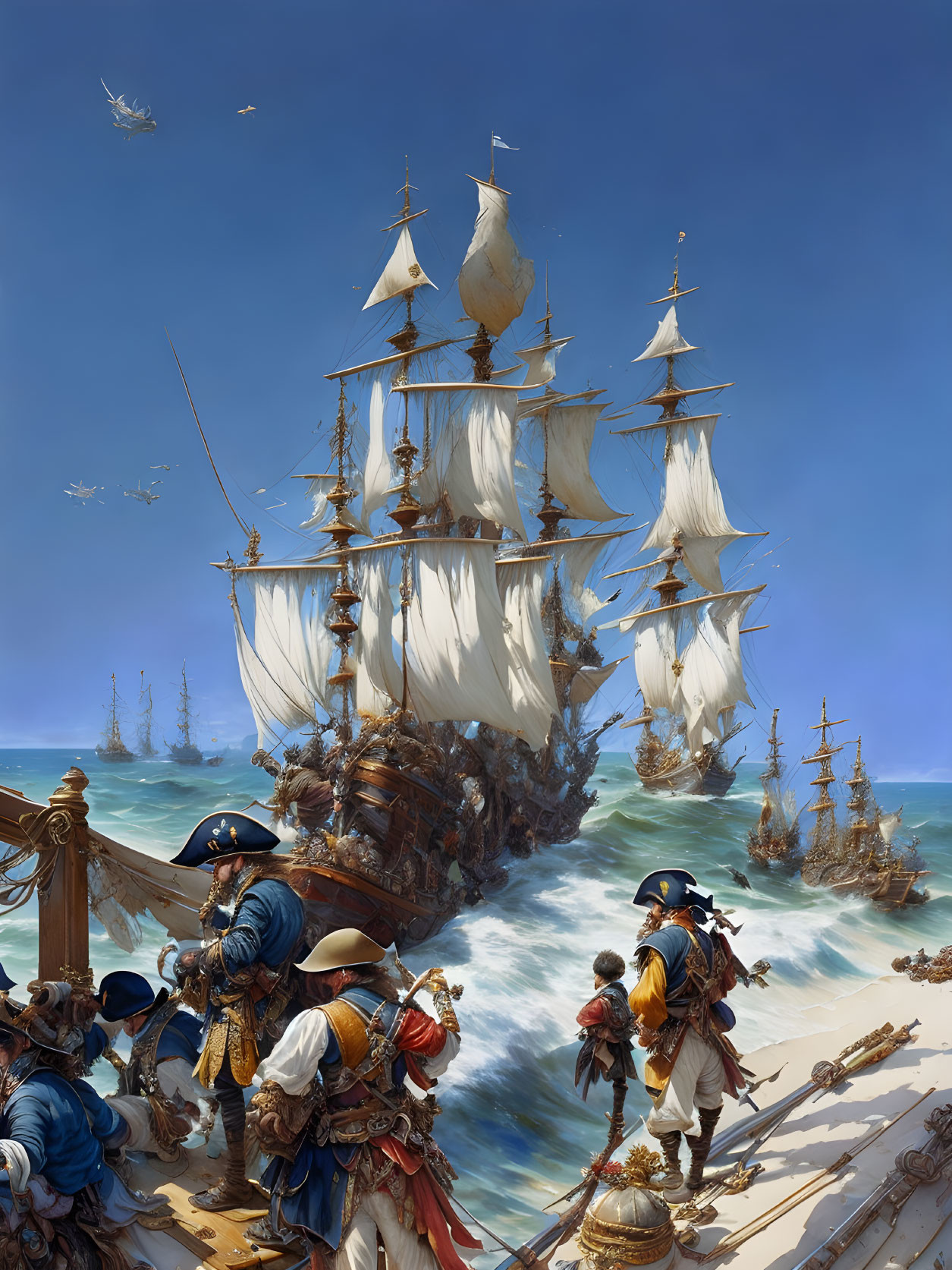 Historical naval battle scene with majestic galleons and pirates on turbulent sea