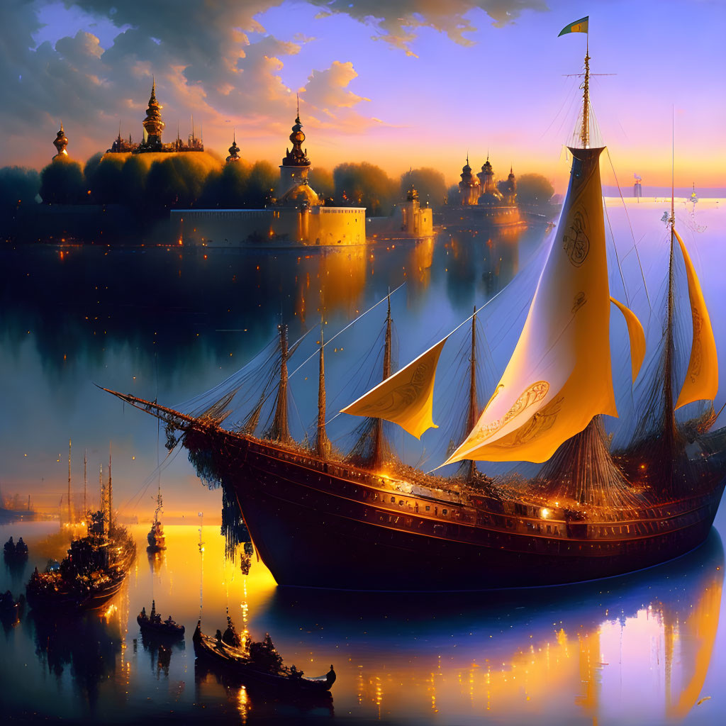 Majestic sailing ship near city at dusk on tranquil waters