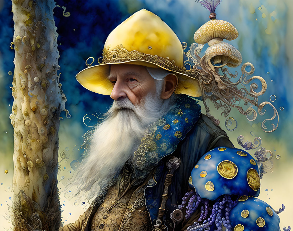 Elderly man in oceanic outfit and golden hat in forest setting