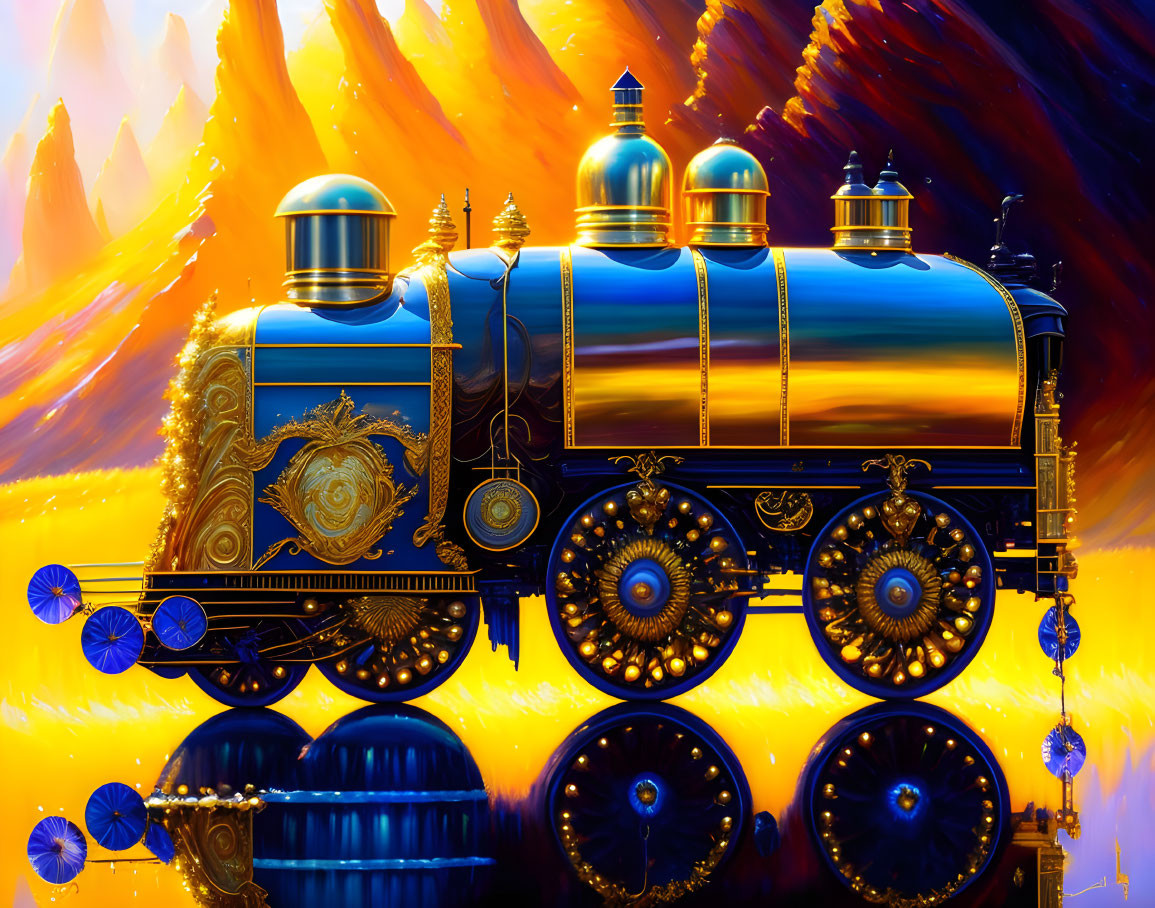 Fantastical blue steam locomotive in fiery orange landscape