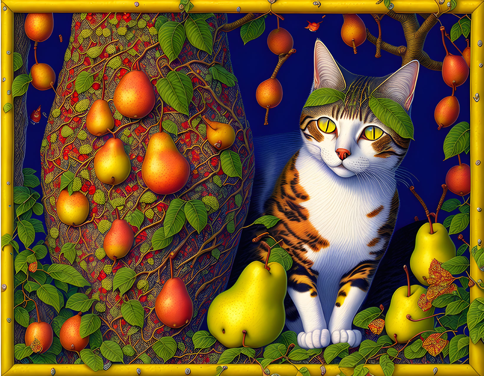 Tabby Cat with Green Eyes Resting Beside Ripe Pears Illustration