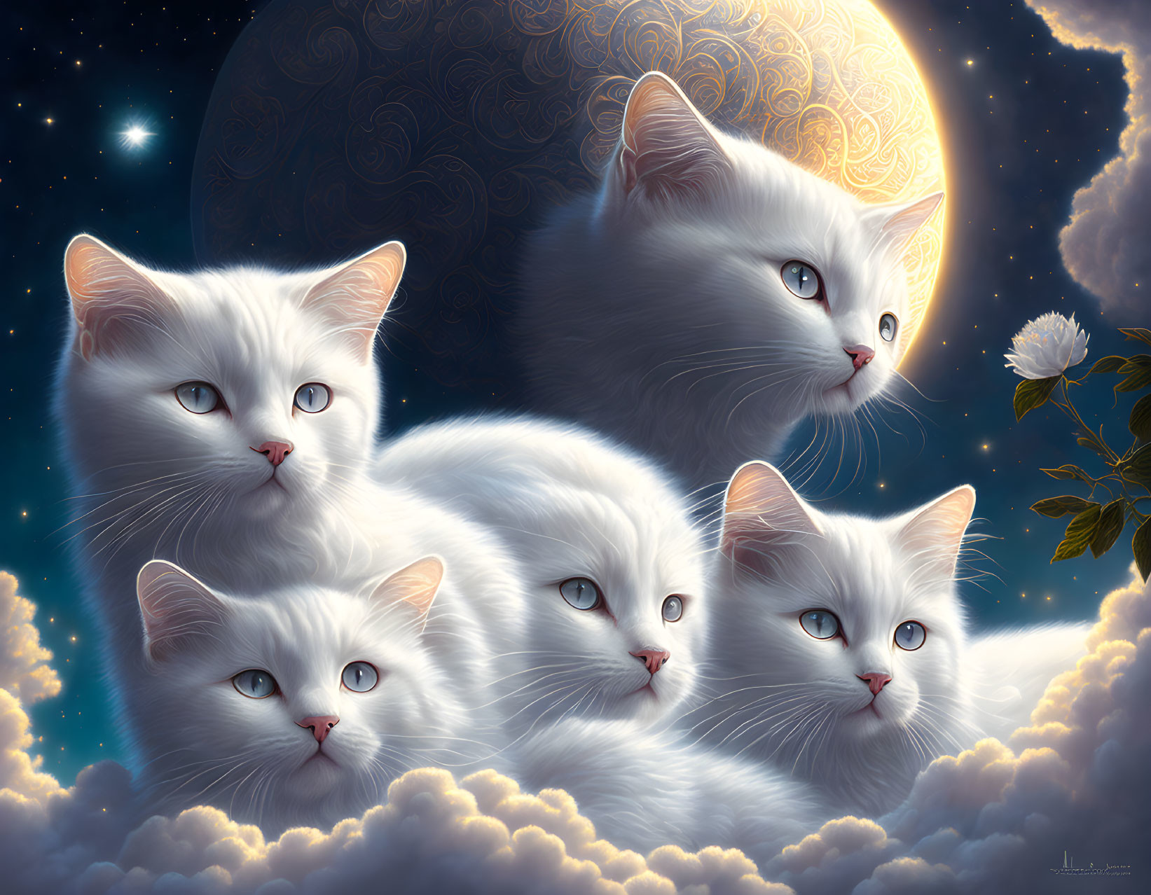 Five White Cats with Blue Eyes in Moonlit Night Sky