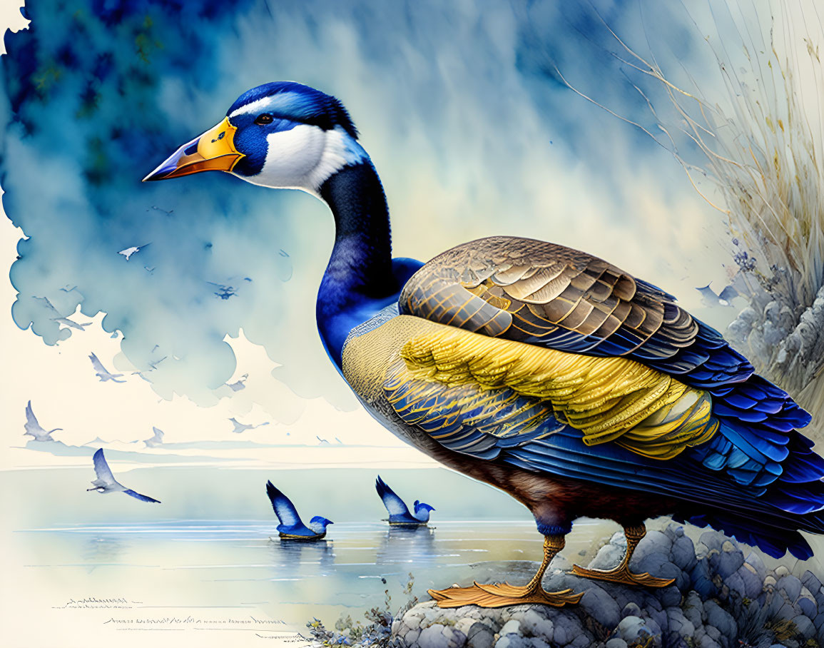 Colorful Duck Illustration Among Water and Birds in Serene Sky