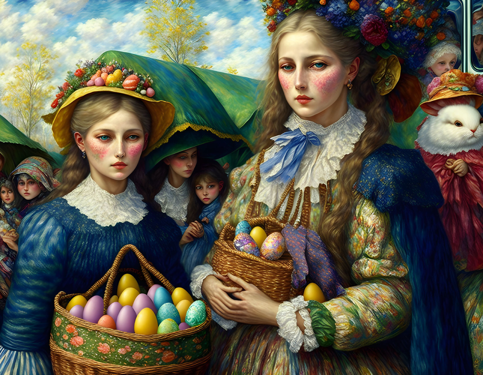 Two women in traditional dresses with Easter eggs and cat in landscape.