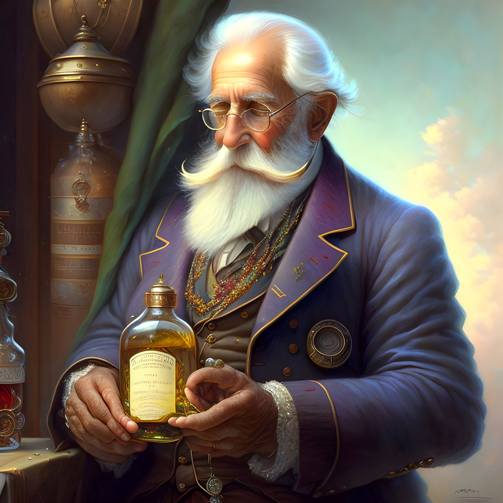 Elderly gentleman in navy blue jacket holding golden bottle with ornate background