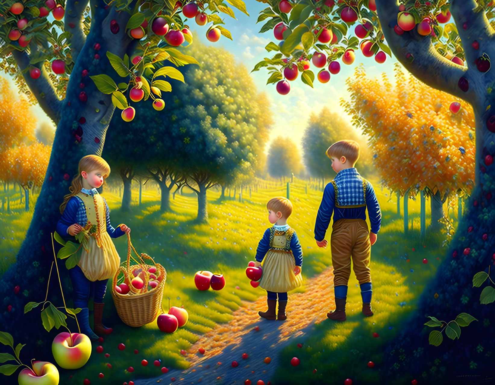 Children gathering apples in a sunny orchard with full baskets.