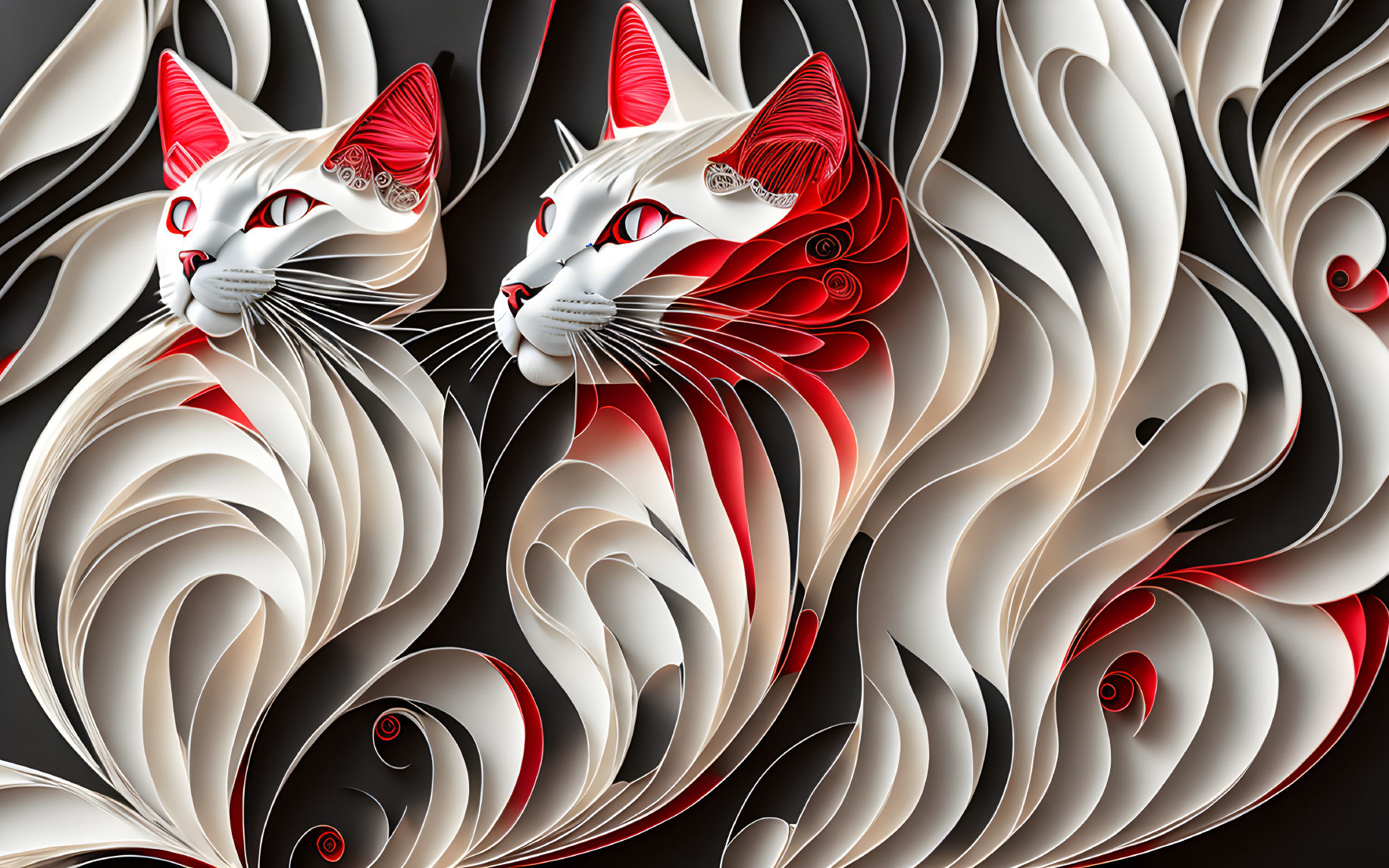 Stylized white cats with red accents in swirling abstract digital art