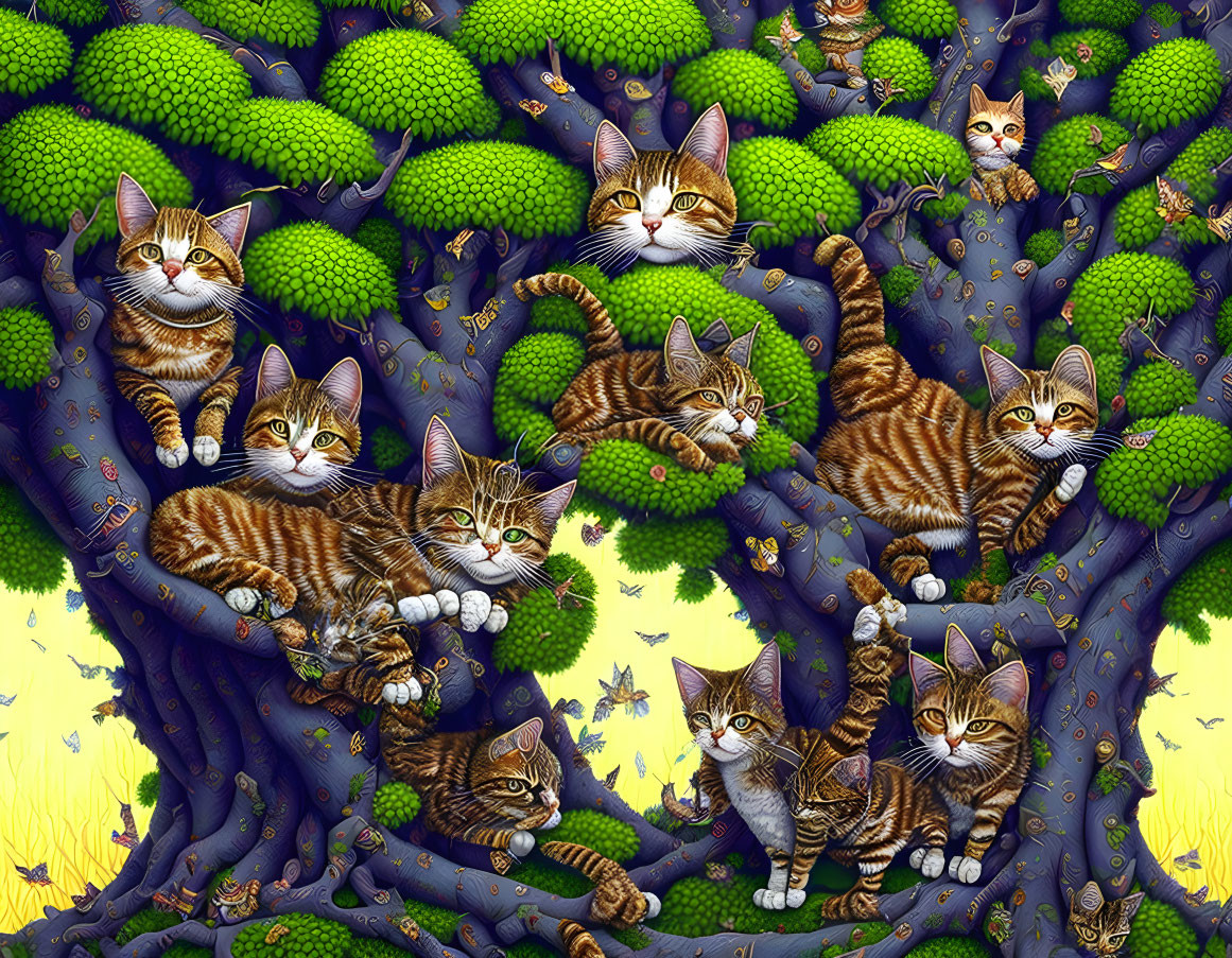 Multiple striped cats blend into vibrant tree with lush green foliage