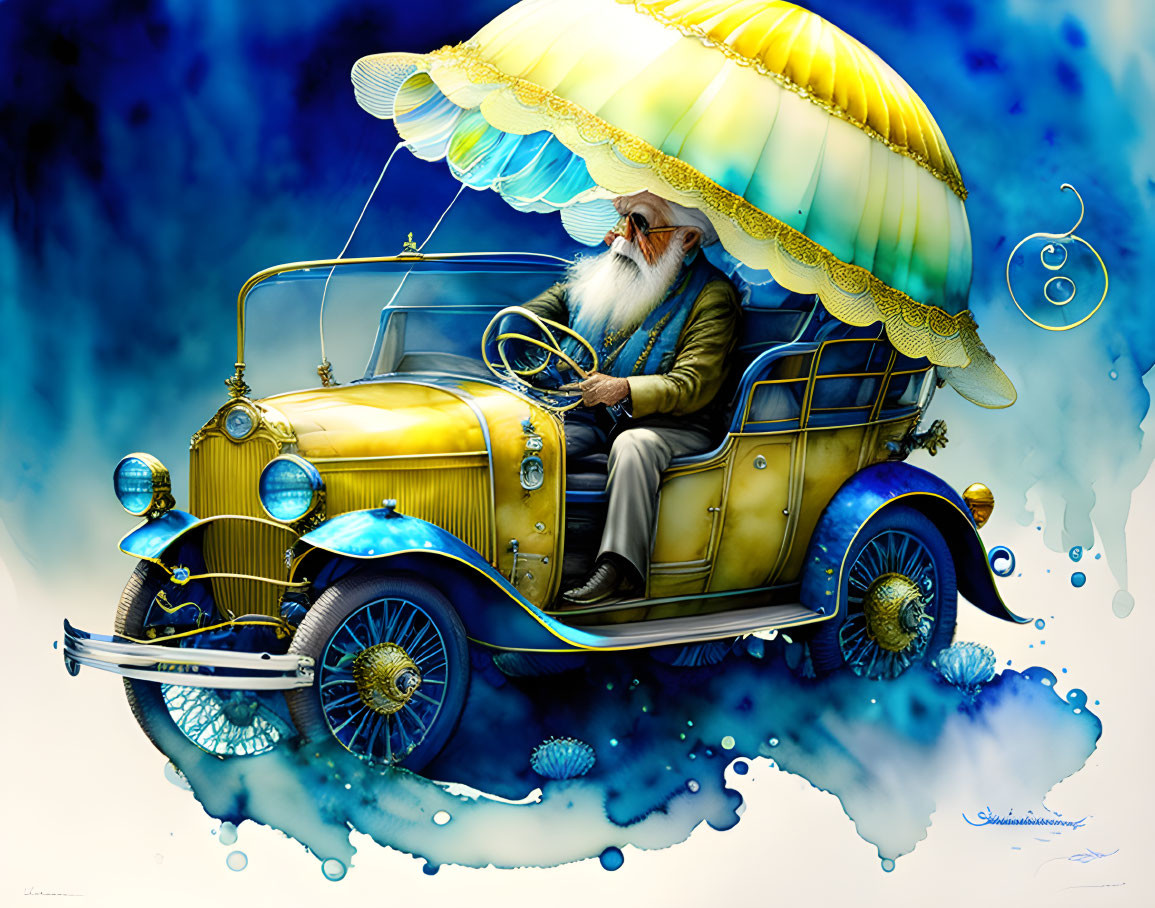 Bearded man in vintage car with umbrella parachutes in surreal blue space