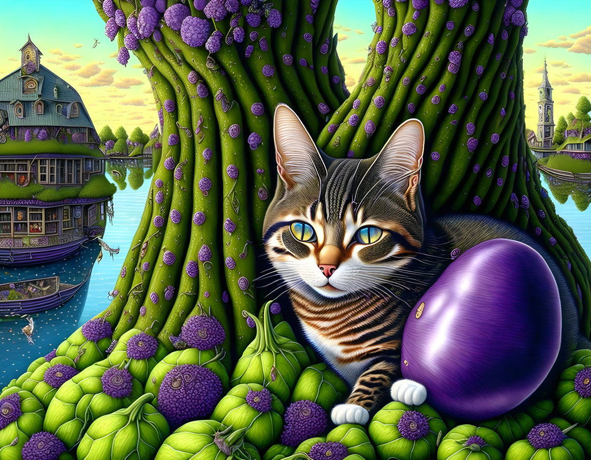 Colorful Tabby Cat Among Purple Flowers and Fantasy Landscape