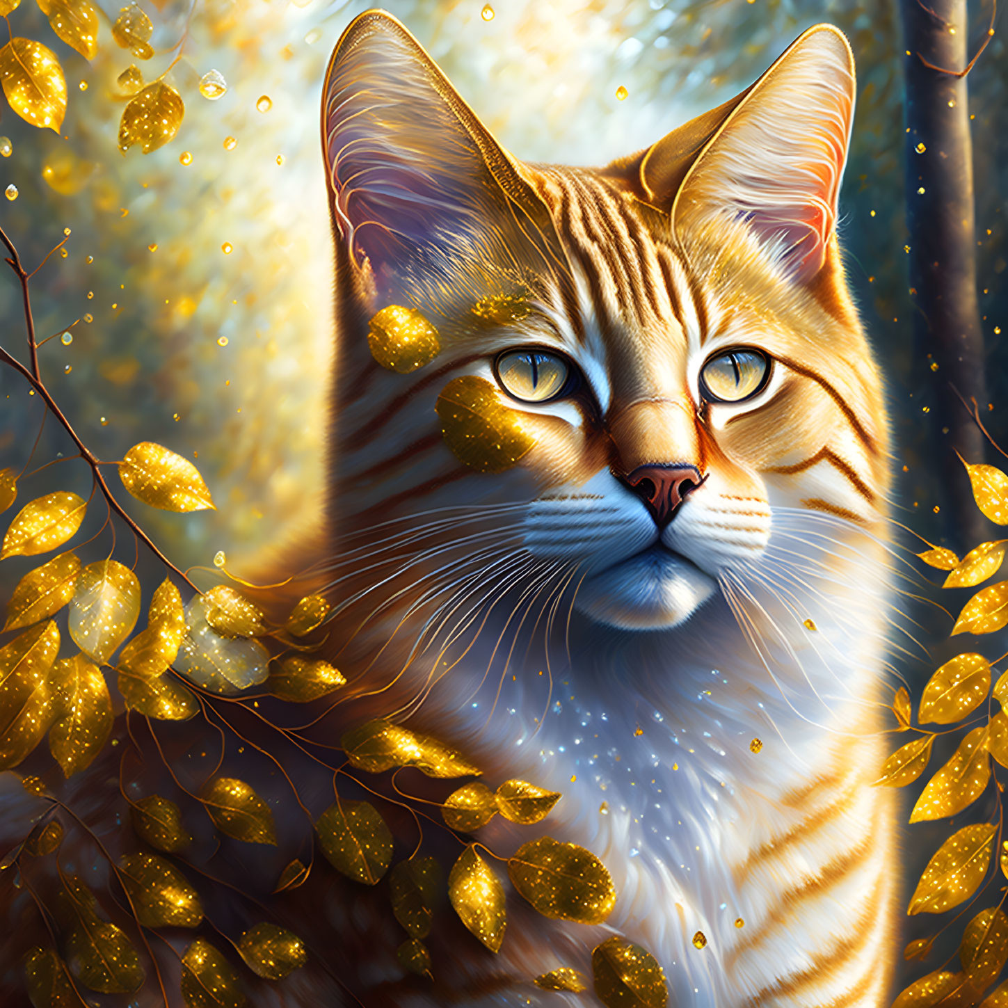 Digital Artwork: Orange Tabby Cat in Golden Leaves with Blue Eyes