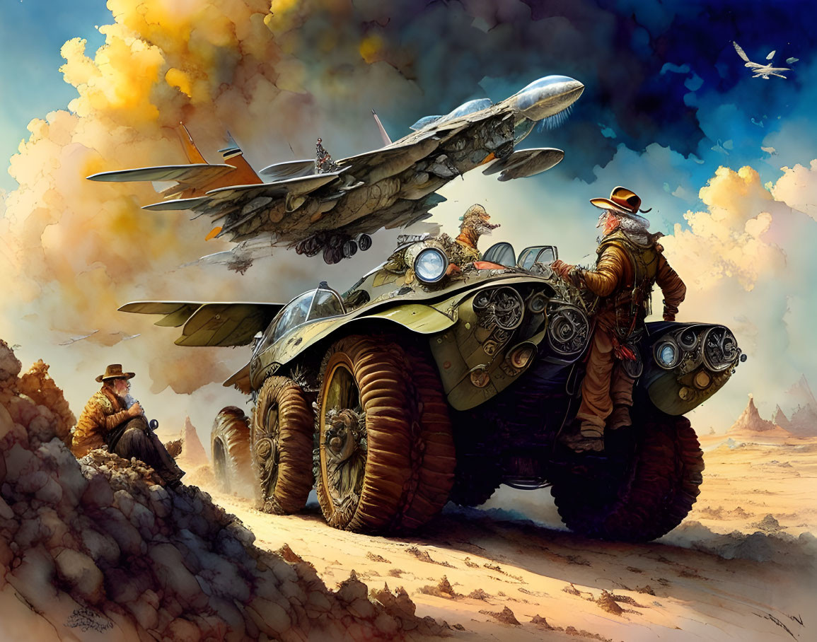 Steampunk aviators with wheeled vehicle in arid landscape.