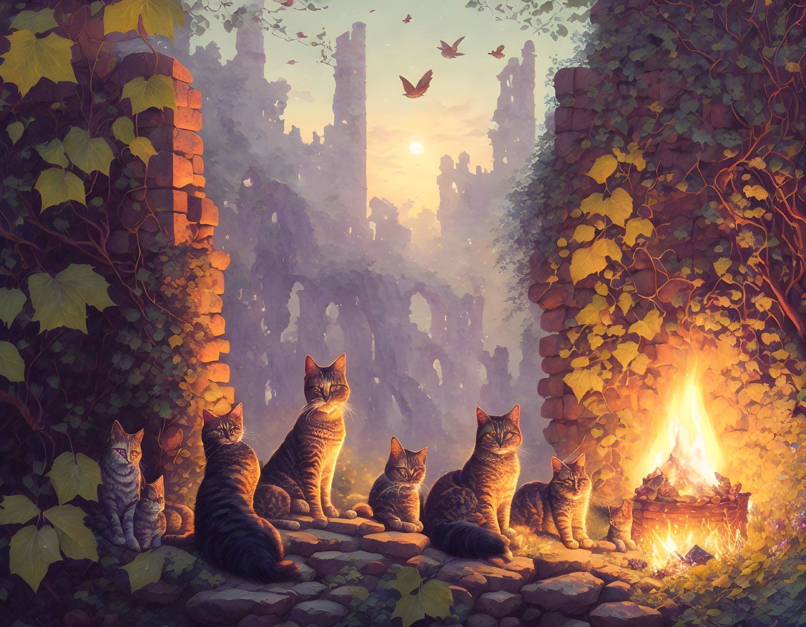 Five cats at campfire in ivy-covered ruins under sunset sky.