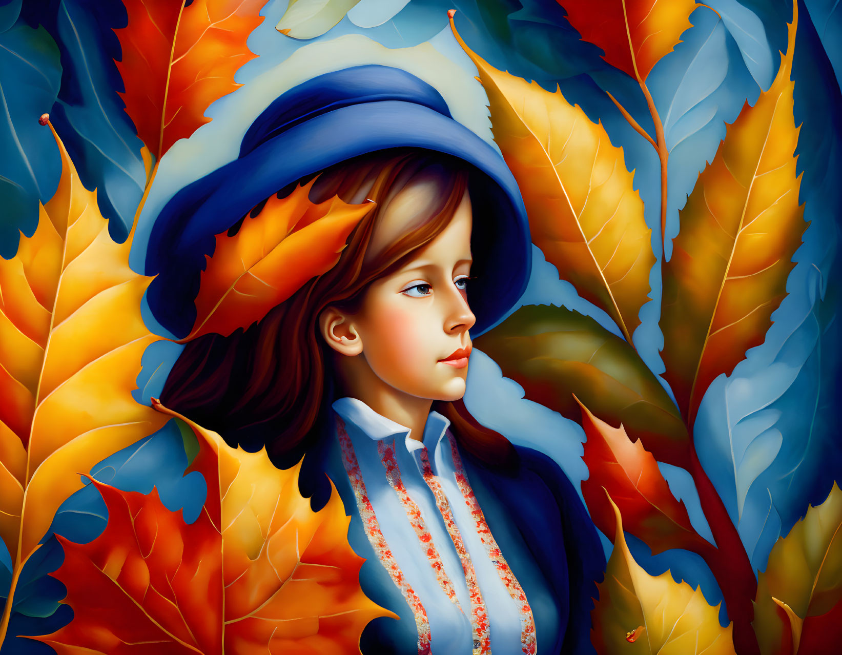 Colorful autumn leaves surround girl in blue hat