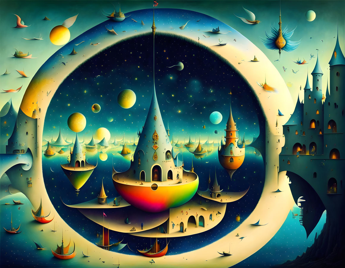Colorful Surrealistic Painting: Floating Castles, Celestial Bodies, and Flying Ships
