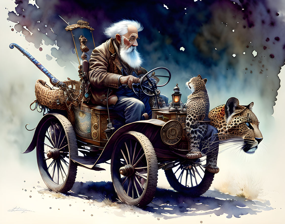 Elderly man with white beard drives vintage car with cheetah, bags, and items,