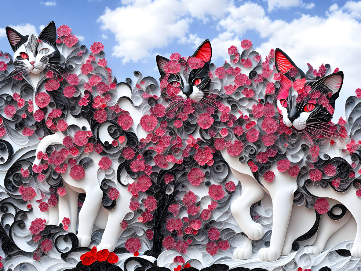 Stylized decorative cats in black, white, red swirls on cloudy sky backdrop