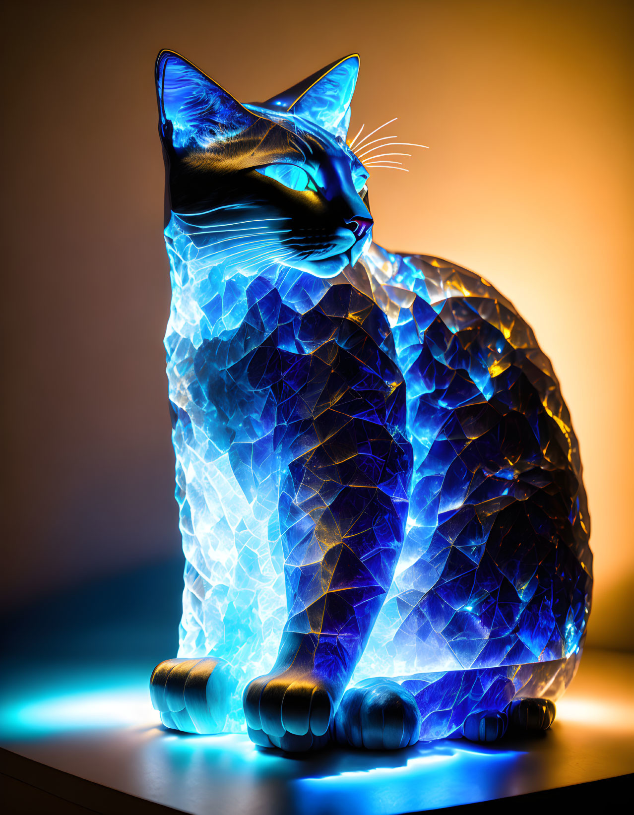 Crystalline Cat Sculpture in Cool Blue Tones