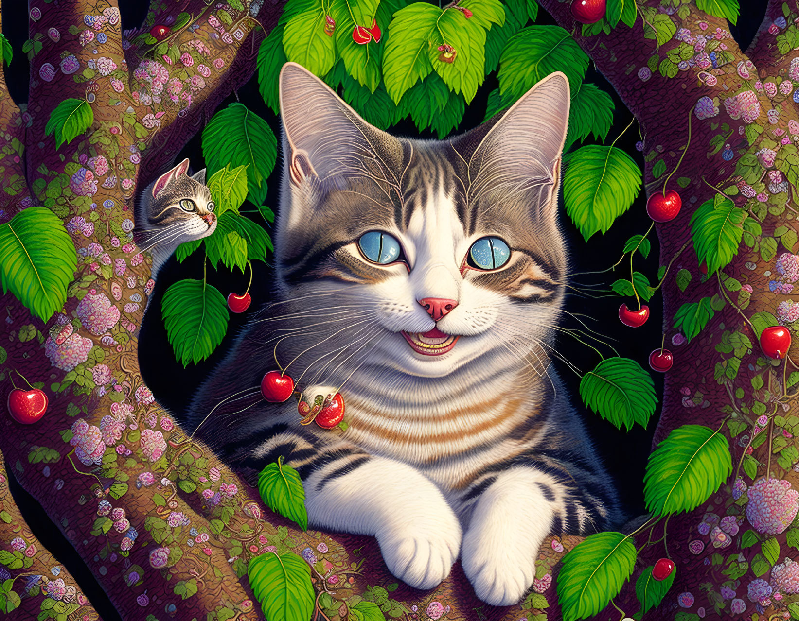 Vibrant smiling tabby cat in cherry tree with blue-eyed companion