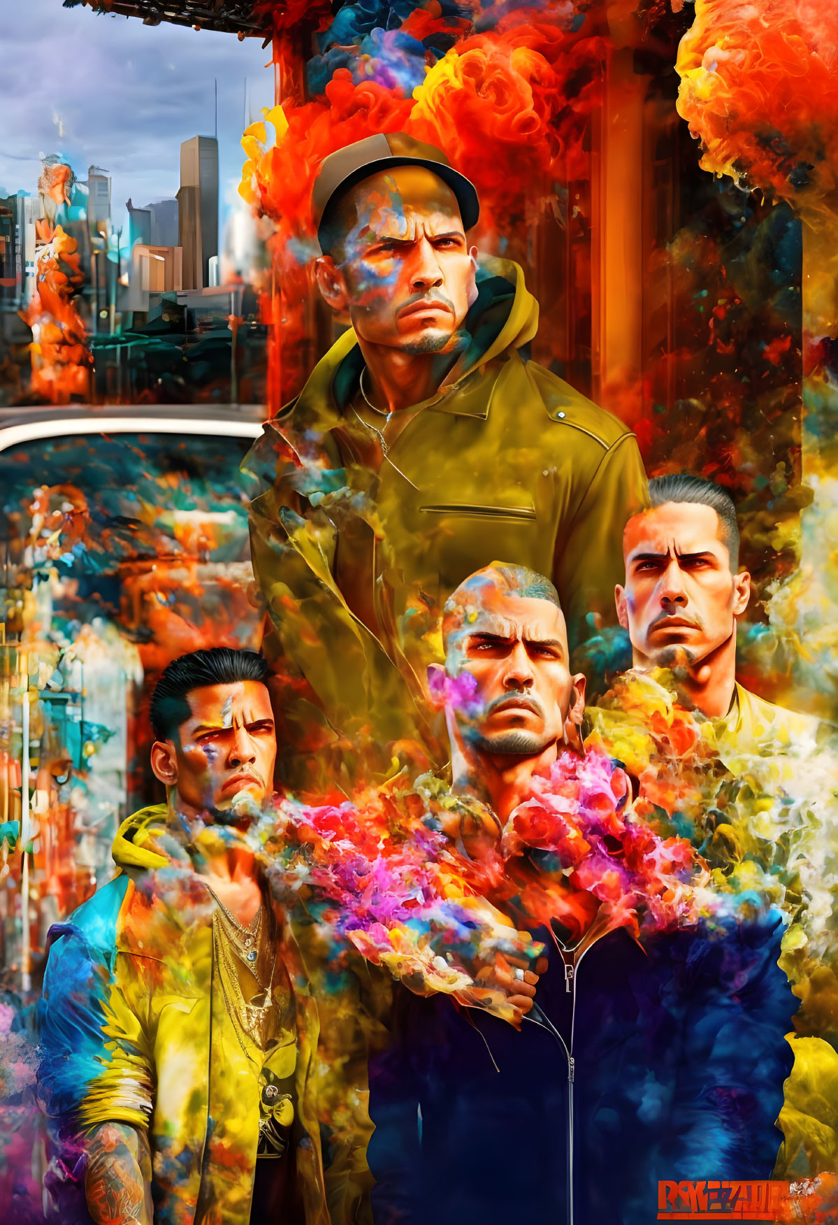 Four intense male characters in colorful digital artwork with fiery and smoky textures against cityscape.