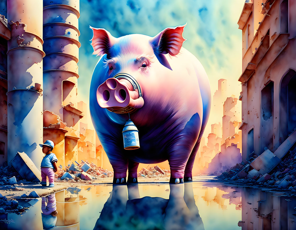 Colorful illustration of a pig with a coin in its snout in a ruined cityscape.