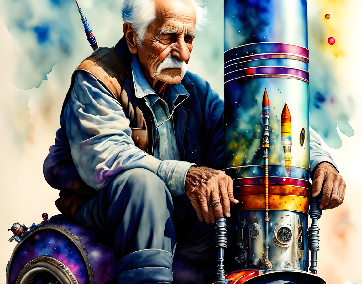 Elderly Man in Wheelchair with Colorful Rocket Ship Trail