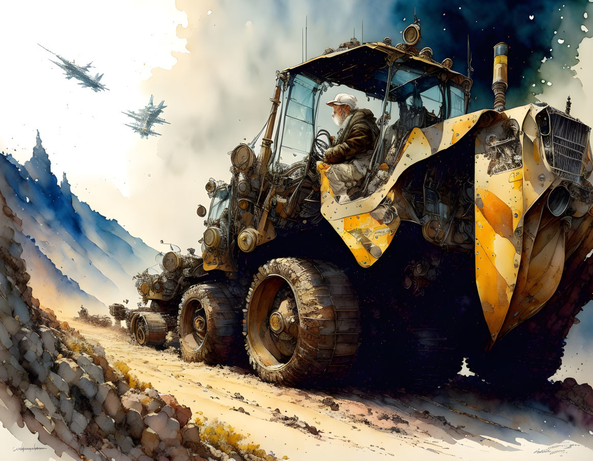 Futuristic bulldozer convoy with driver under dynamic sky