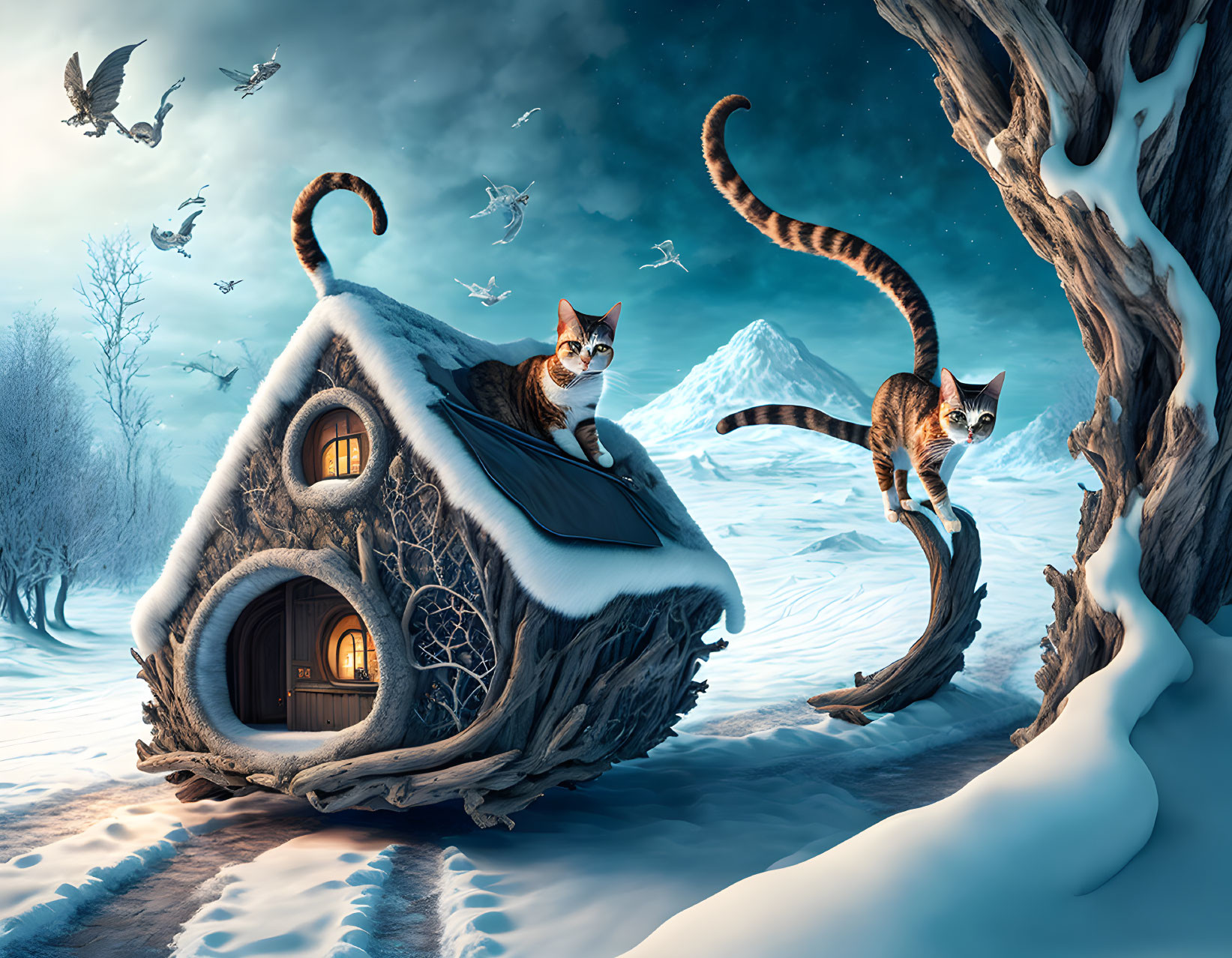 Whimsical winter scene: oversized cats on twisty trees, snow-covered cat-shaped house, twilight