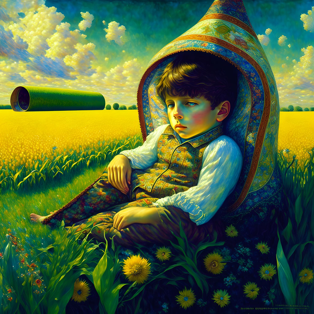 Child in conical hat surrounded by sunflowers under blue sky with telescope.