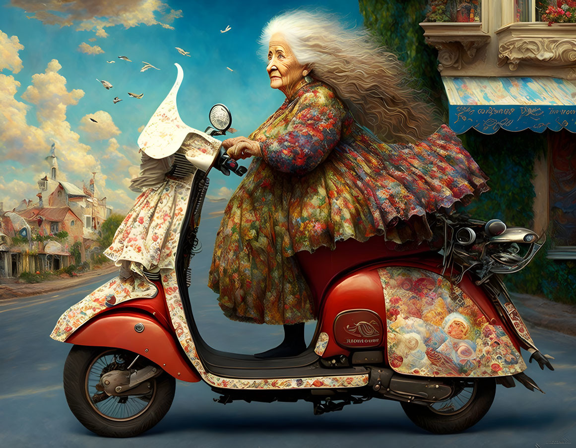 Elderly woman on red scooter in whimsical village landscape