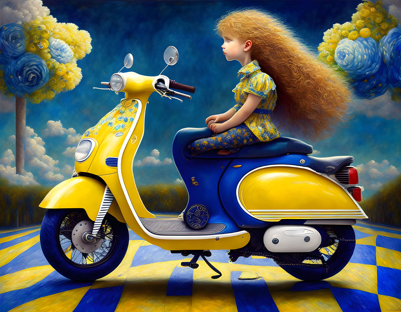 Whimsical painting of girl on scooter in surreal landscape