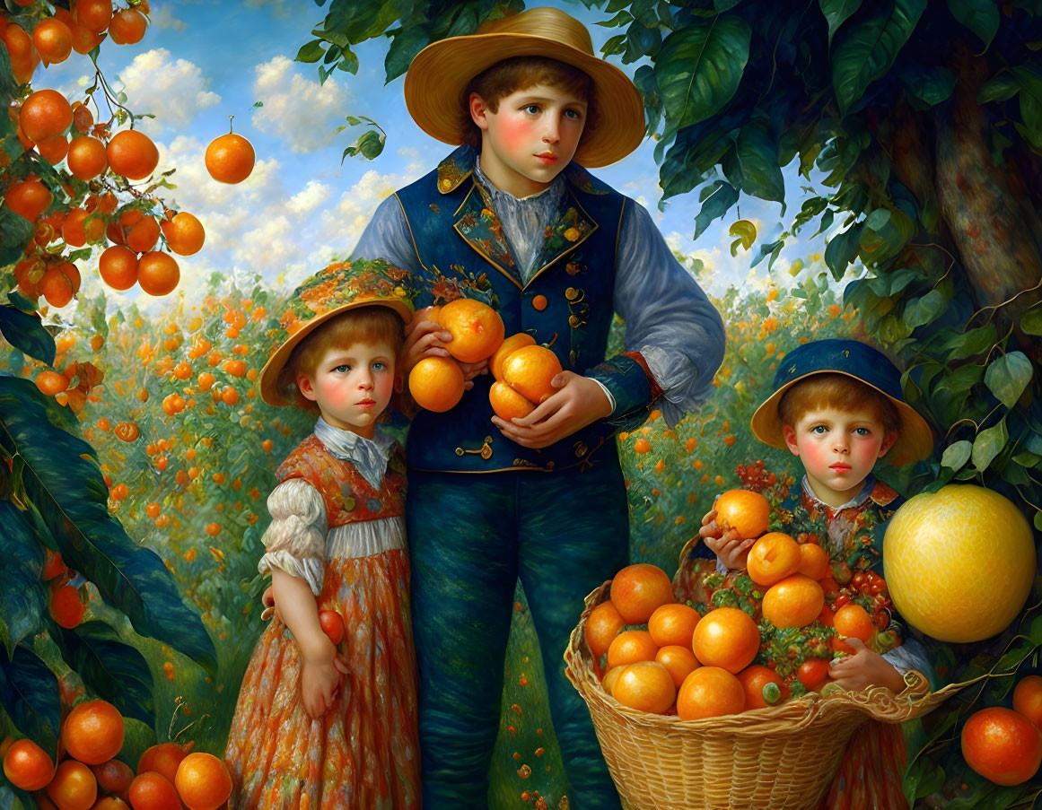 Children gathering oranges in lush vintage orchard with full basket.