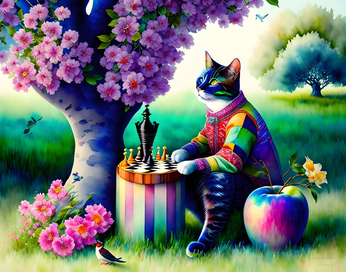 Anthropomorphic cat in vibrant attire by chessboard under blossom tree